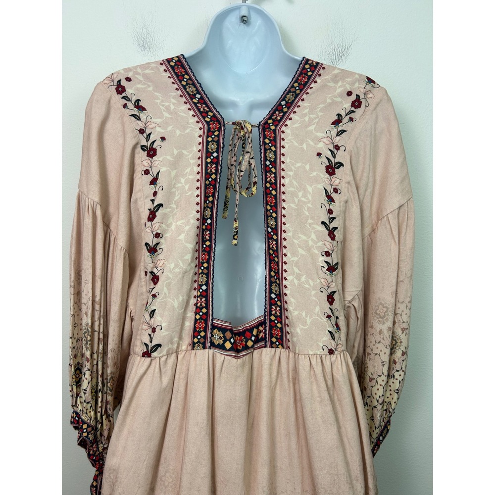 Agua Bendita Alex Kezia Pink Floral Boho Mini Dress Deep V Open Back L/G - Picture 9 of 11